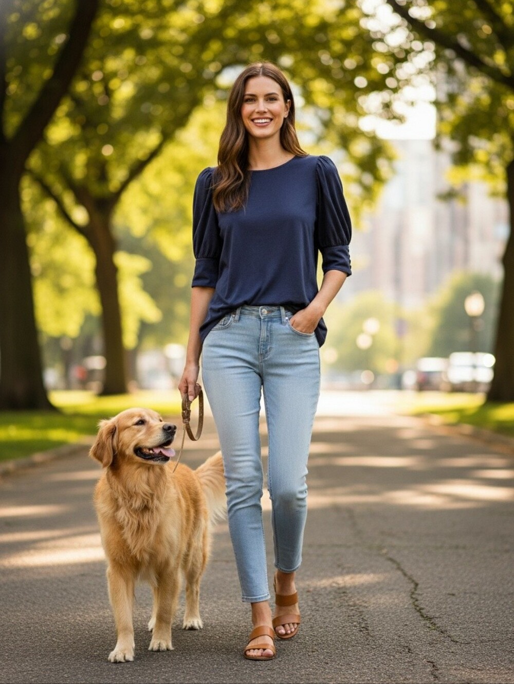 Lightweight Navy Blouse with Puff Sleeves